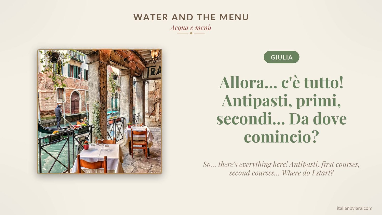 A frame from the karaoke video: an Italian sentence in large type beside a photograph of a canal-side osteria, with the English rendering below.