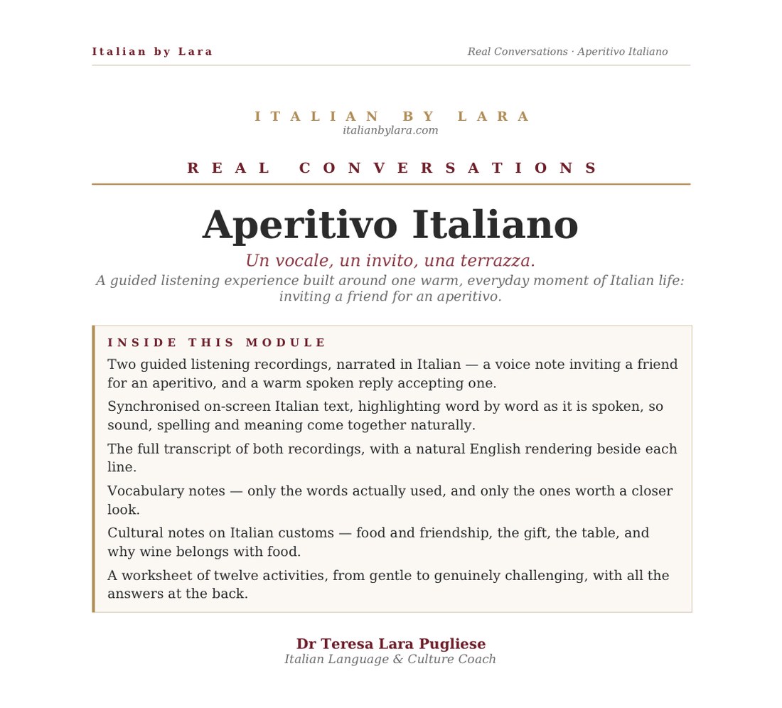 The opening page of the Aperitivo Italiano worksheet, listing what the module contains.